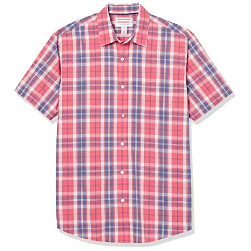 Amazon Essentials Camisa de Popelín de Manga Corta de Ajuste Normal Hombre, Rojo Efecto Lavado Cuadros Ventana, XXL