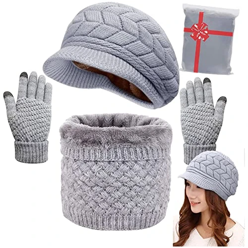 CheChury Winter Hat Scarf and Gloves Set Knitted Warm Neck Warmer Touchscreen Gloves and Berets for Women Winter Outdoor Sports Set,Grey,One size