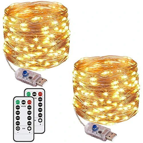Offre limitée : [Lot de 2] Guirlande Lumineuse 120 LED 12M 8 modes Alimenté par USB guirlande led IP65 pour l'extérieur et l'intérieur en cuivre avec minuterie à distance pour chambre, fête, Noël (blanc chaud) de 14.99 € à 14.99 € (0.00% de remise)