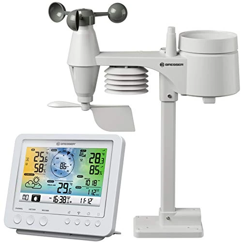 Bresser 7002581 Radio Della Stazione Meteorologica con Sensore Esterno Weather Center 5 In 1 con Display A Colori Da 5.7 Pollici E Sensore Esterno Per Temperatura, Bianco