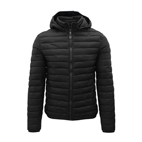Ciabalù Chaqueta de plumón para hombre de 100 gramos con capucha extraíble, chaqueta de entretiempo con cuello alto, chaqueta con ajuste Slim Fit, Negro , L