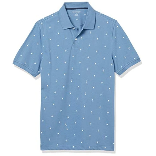 Amazon Essentials Polo en Coton Piqué Coupe Ajustée Homme, Bleu Imprimé Palmiers, S