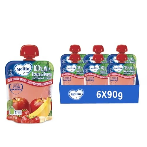 Mellin Pouch Merenda 100% Mela, Fragola e Banana con Vitamina C e Carota - 6 Confezioni da 90 Gr