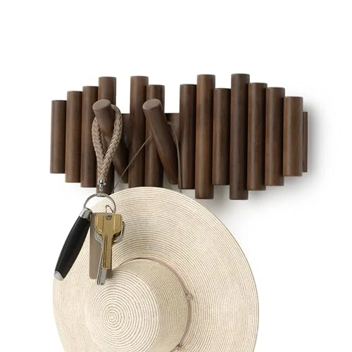 Umbra Picket Appendiabiti da parete con 5 ganci ribaltabili, Pino, Noce invecchiato