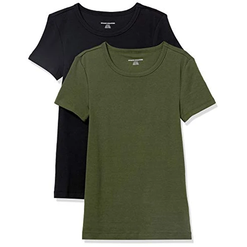 Amazon Essentials T-Shirt Col Rond à Manches Courtes Coupe Ajustée Femme, Lot de 2, Olive Foncé/Noir, XS