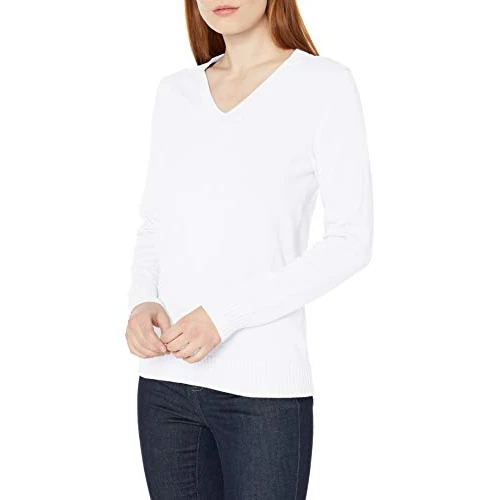 Amazon Essentials Women's Lightweight Long Sleeve V-Neck Cotton Jumper, White, L