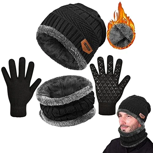 Tuopuda Mütze Schal Handschuh Sets Wintermütze Herren Damen Winterschal Touch Screen Handschuhe Warme Strickmütze mit Fleecefutter Beanie Mütze Schwarz
