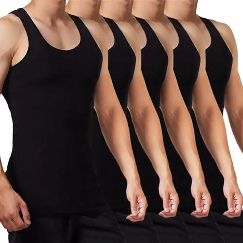 FALARY Mens Vest Tops Pack of 5 Tank Tops Fitted 100% Cotton Basic Plain Color Underwear and Colours Black XL