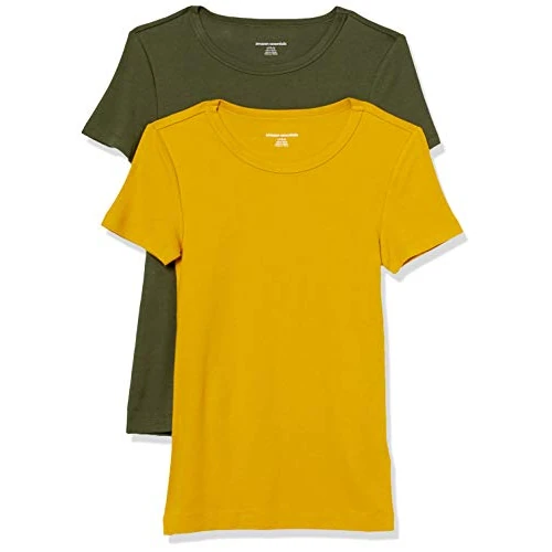 Amazon Essentials T-Shirt Girocollo a Maniche Corte Slim Donna, Pacco da 2, Oro/Verde Oliva, S