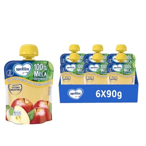 Mellin, Pouch Merenda 100% Mela con Vitamina C - 6 Confezioni da 90 gr