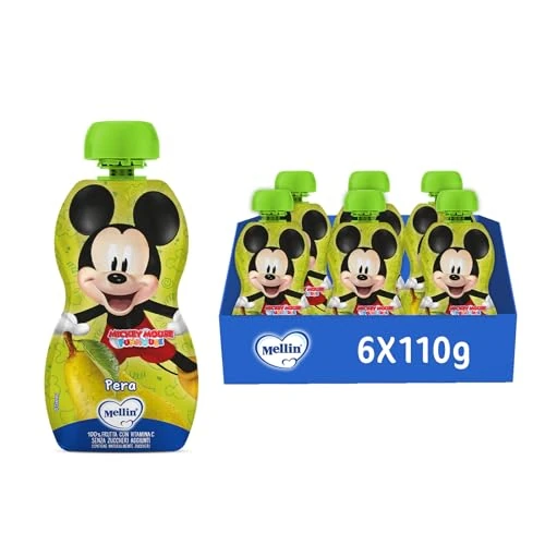 Offerta a tempo: Mellin Merenda Disney Mickey Mouse, Topolino, Pera, 6x110g | 100% Frutta con Vitamina C, Indicato a partire dal 9° mese - 6% da 6.17 € a 5.79 €