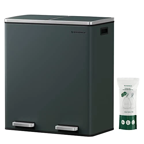 Offre limitée : SONGMICS Poubelle à Double Compartiment 2 x 30 L, avec 15 Sacs Poubelles, Pédales en Métal, 2 Seaux Intérieurs en Plastique, Couvercles, Poignées, Fermeture en Douceur, Gris Verdâtre LTB60GS de 109.99 € à 93.49 € (15% de remise)