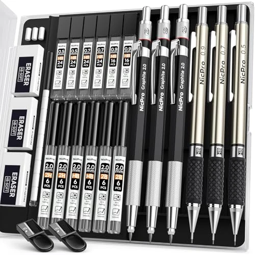 Zeitlich begrenztes Angebot: Nicpro 6 Stück Druckbleistifte Set, Metall Mechanische Bleistifte 0,5 mm, 0,7 mm, 0,9 mm, 2mm Fallminenstift (2B HB 2H) mit 12 Dosen HB Bleistiftminen & 3 Radiergummis, Etui für Schreiben, Zeichnen von 14.99 € auf 14.99 € (0.0