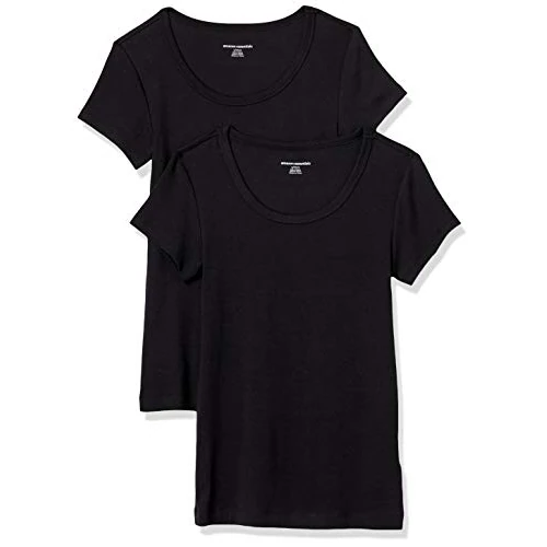 Amazon Essentials Camiseta Entallada con Cuello Redondo y Mangas Casquillo Mujer, Pack de 2, Negro, S