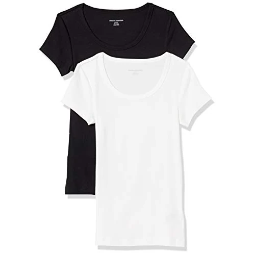 Amazon Essentials T-Shirt Ajusté à Manches Courtes et Encolure Dégagée Femme, Lot de 2, Noir/Blanc, XL