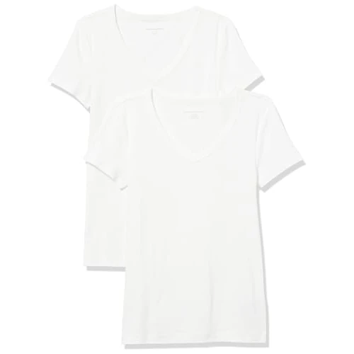 Amazon Essentials Women's Slim-Fit Short-Sleeve V-Neck T-Shirt, Pack of 2, White, XXL