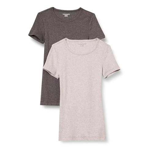 Amazon Essentials Damen Kurzärmeliges T-Shirt mit Rundhalsausschnitt, Schmale Passform, 2er-Pack, Dunkelgrau Meliert/Hellgrau Meliert, XXL