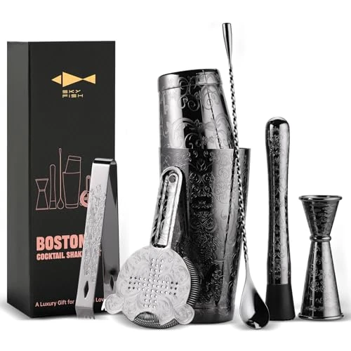 Offerta a tempo: SKY FISH Shaker per Cocktail, Set da Boston Shaker da 7 Pezzi, Kit da Barman Incisione in Confezione Regalo, Lavaggio a Mano (Nero) - 25% da 79.99 € a 59.99 €