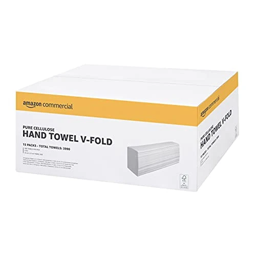 Limited-time offer: AmazonCommercial Singlefold (V-Fold / ZZ-Fold) Paper Hand Towels, 2-ply Cellulose, 3990 Sheets (15 packs of 266), Sheet Size: 22 x 21 cm, H3 Dispenser Compatible from 29.09 GBP to 29.09 GBP (save 0%)