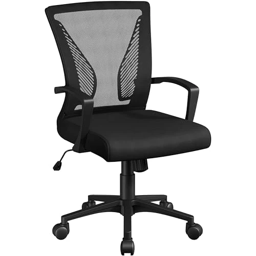 Yaheetech Chaise de Bureau à roulettes Pivotante Fauteuil pour Ordinateur Direction Ergonomique Maille/Mesh Inclinable Siège et Base Plus Large Hauteur Réglable avec Accoudois Noir
