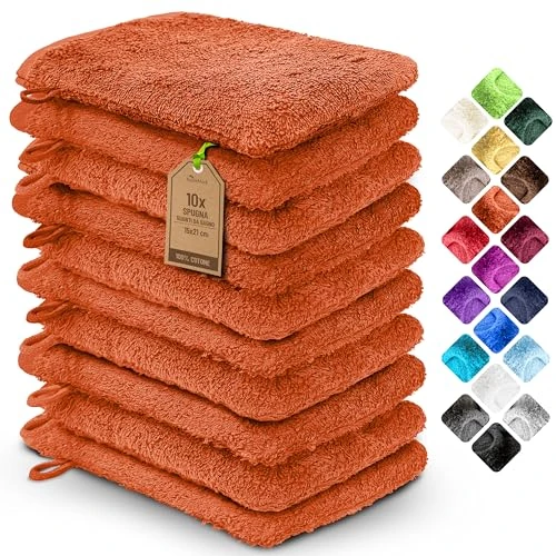 NatureMark – Zestaw 10 rękawic kąpielowych z miękkiej frotte, 100% bawełna, certyfikat Öko-Tex, kolor Terrakotta, rozmiar 15 x 21 cm