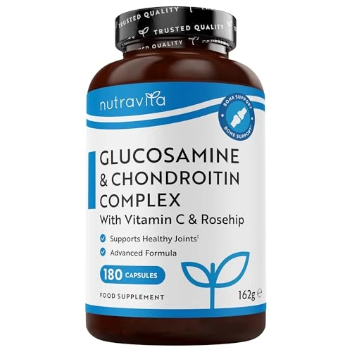 Offerta a tempo: Glucosamina Solfato e Condroitina Complesso - con Vitamina C, Estratti di Cinorrodo, Zenzero e Curcuma - 180 Capsule Alto Dosaggio per 6 Mesi, Prodotto nel Regno Unito da Nutravita — 35% da 22,99 € a 14,99 €
