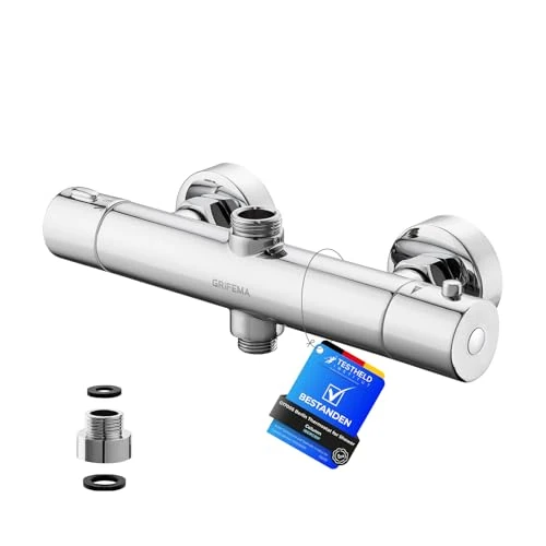 Offerta a tempo: GRIFEMA Miscelatore Termostatico Doccia, Rubinetto Doccia a due Uscite | Valvola miscelatrice con blocco di sicurezza antiscottatura a 38°C, in ottone cromato - 0.00% da 59.99 € a 59.99 €