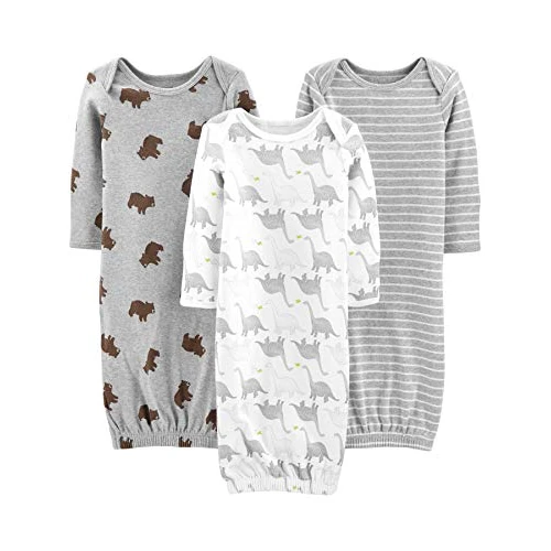 Simple Joys by Carter's Unisex Babies' Cotton Sleeper Gown, Pack of 3, Bear/Dinosaur/Stripe, Newborn