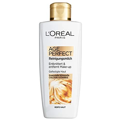 L'Oréal Paris Reinigungsmilch für Frauen: reinigt und entfernt Make-Up schonend & festigt die Haut und schützt sie vor dem Austrocknen mit Calcium und Vitamin E, Age Perfect, 1x 200ml