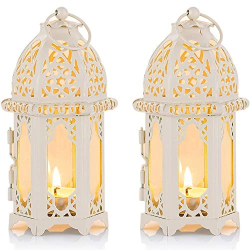 Offerta a tempo: Nuptio Lanterna a 2 Candele in Stile Marocchino - Portacandele Tealight di Piccole Dimensioni con Pannelli in Vetro Trasparente Grande per Patio/Esterni, Feste e Matrimoni, Bianco - 20% da 19.96 € a 15.97 €