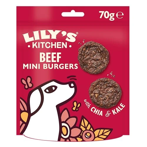 Lily's Kitchen Elaborado con ingredientes naturales paquete de golosinas para perros adultos mini hamburguesas de ternera la mejor del mundo receta sin cereales 8 × 70g
