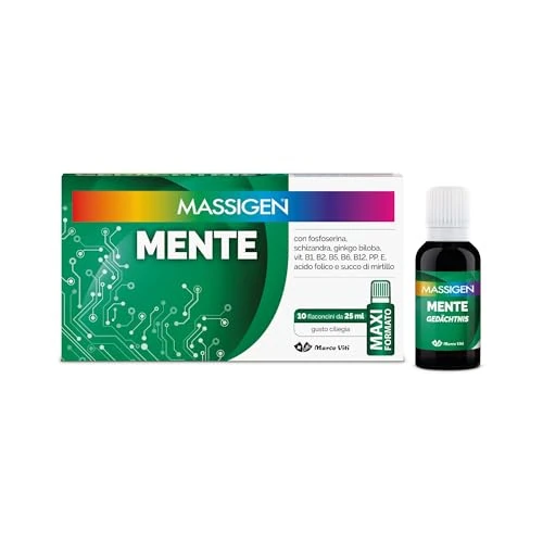 Offerta a tempo: Massigen - Tonico Mente, Gusto Ciliegia, Integratore per Funzioni Intellettive con Fosfoserina e Ginkgo Biloba, 10 Flaconcini da 25 ml, Senza Glutine - 16% da 9.39 € a 7.90 €
