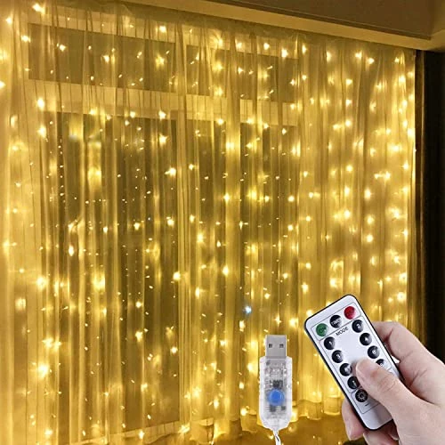 Anpro - Cadena luminosa de 3 x 3 m, USB, cortina luminosa navideña con 300 bombillas LED, luces de jardín de exterior, 8 modos, blanco cálido, clase de eficiencia energética