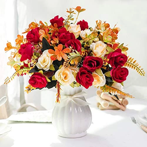 Offerta a tempo: LESING Fiori finti artificiali con vaso di seta artificiali rose artificiali bouquet di fiori per casa, ufficio, feste, sala riunioni (rosso-1) - 0.00% da 37.98 € a 37.98 €