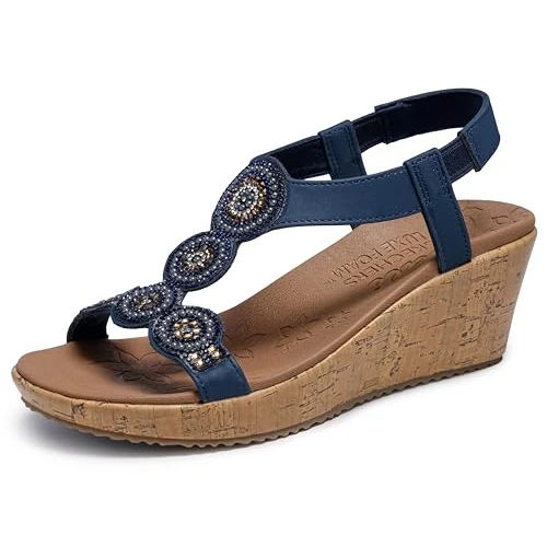 Limited-time offer: Skechers Women's Beverlee-Date Glam Sandal Wedge, Navy, 3.5 UK from 33.55 £ to 33.55 £ (save 0.00%)
