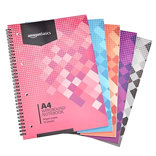 Amazon Basics Cuaderno de anillas, 5 Unidad, 70 hojas /140 páginas, tamaño A4, 90 gsm, blanco