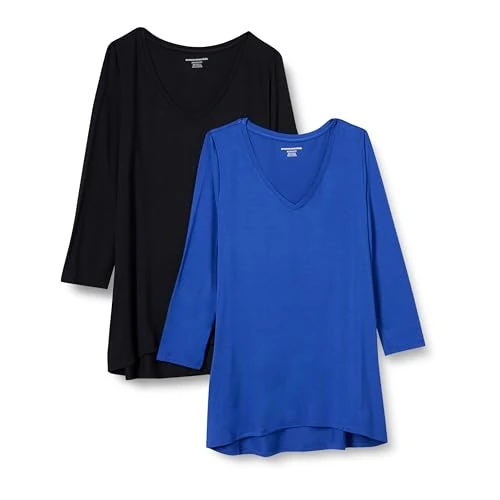 Amazon Essentials Women's 3/4 Sleeve V-Neck Swing T-Shirt (Available in Plus Sizes), Pack of 2, Black/Royal Blue, L