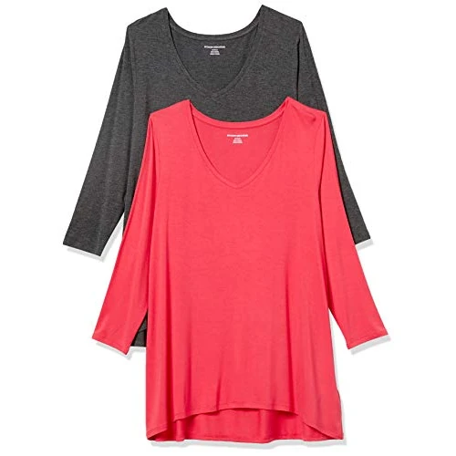 Amazon Essentials Women's Koszulka swing z dekoltem w serek z rękawem 3/4 (dostępna w wersji Plus Size), Pack of 2, Czerwony/Karbonowy wrzos, XL