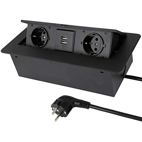 Retractable built-in socket 2 x USB - die-cast aluminium - soft opening - connection cable 3 m with earthing contact plug - black