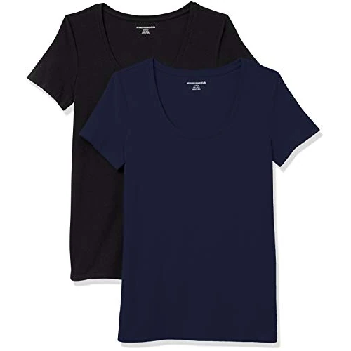 Amazon Essentials T-Shirt Col Rond à Manches Courtes, Coupe Classique (Disponible en Grande Taille) Femme, Lot de 2, Noir/Bleu Marine, S