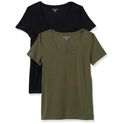 Amazon Essentials Camiseta de Manga Corta con Cuello Redondo y Corte Estándar (Disponible en Tallas Grandes) Mujer, Pack de 2, Verde Oliva Oscuro/Negro, M