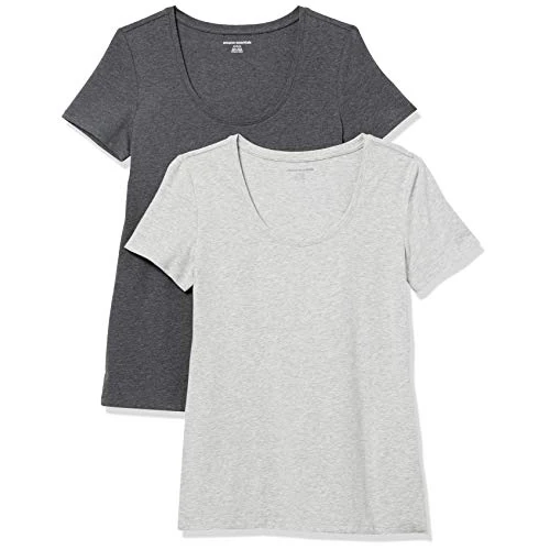 Amazon Essentials T-Shirt Col Rond à Manches Courtes, Coupe Classique (Disponible en Grande Taille) Femme, Lot de 2, Charbon Chiné/Gris Clair Chiné, XL