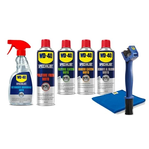 WD-40 Specialist Moto Motorcycle Maintenance Kit with Cleaner 500 ml, Chain Grease 400 ml, Chain Cleaner 400 ml, Brake Cleaner 500 ml, Silicone Polisher 400 ml, Brush, Microfibre Cloth