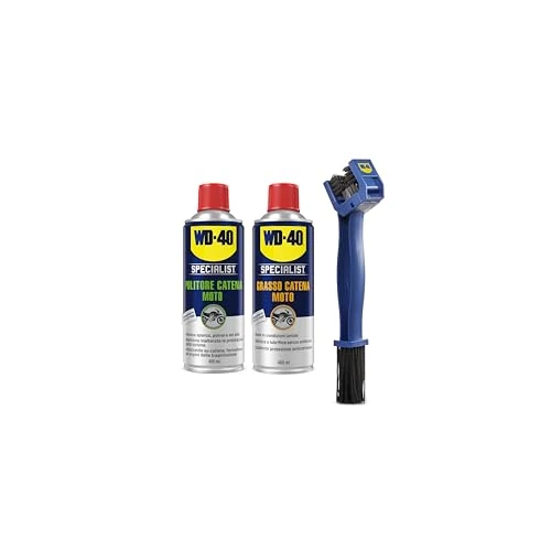WD-40 Specialist - Kit Manutenzione Completo - Professionale per Catena Moto - Pulitore Spray + Grasso Catena Umido + Spazzola 4 Lati - Protezione Anti‑Corrosione per O/X/Z Ring