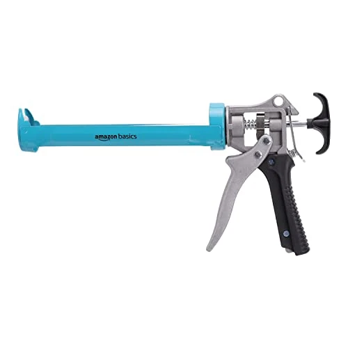 Amazon Basics Pistola para sellado de calafateo, resistente, 310ml, relación de fuerza 12:1, mango de aluminio con empuñadura de soporte de plástico, 0.3 litros, Azul y gris