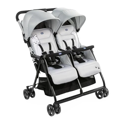 Chicco OHlalà Poussette Canne Double, Légère Inclinable et Pliable, Poussette pour Jumeaux de la Naissance à 15 kg, Fermeture Compacte, Inclus une Housse de Pluie, Capote Extensible - Silver