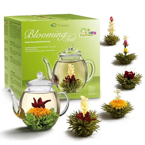 Creano Blooming Tea Gift Set – Flowering-Tea Giftset with 500 ml Glass-Teapot and 6 Tea Flowers - Green Tea