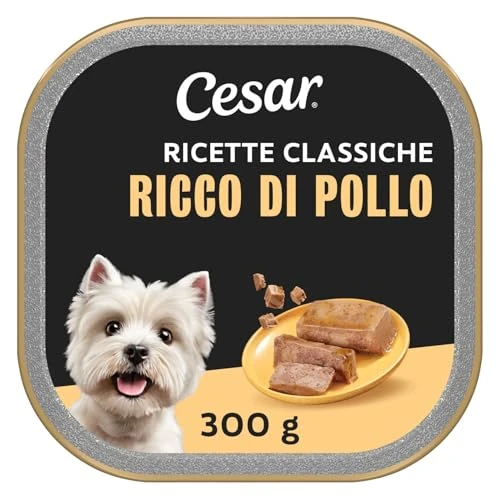 Offerta a tempo: Cesar Ricette Classiche 20 x 300 g Vaschetta per cani adulti, ricco di bocconcini di pollo in paté (Confezione da 20) - 33% da 48.84 € a 32.89 €