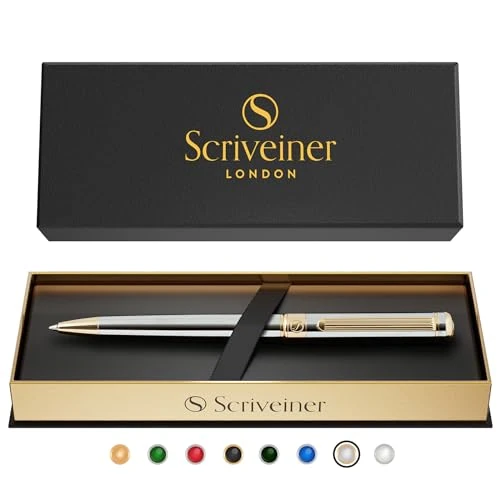 Offerta a tempo: Scriveiner Pen, Splendida Penna a Sfera Cromata Silver, Finitura Placcato in Vero Oro, Refill Inchiostro Nero, Penne Eleganti, Professionali, da Ufficio, Idee Regalo per Lui e per Lei - 0.00% da 44.99 € a 44.99 €