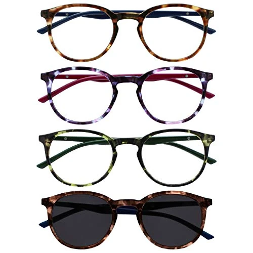 OPULIZE MET Reading Glasses and Reading SunGlasses for Women Men, Round Frame, Brown,Purple,Green,Brown Sun +2.5 (Pack of 4)